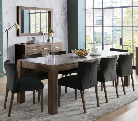 Turin Dark Oak 6-10 Seater Table & 8 Low Back Chairs in Gun Metal Velvet