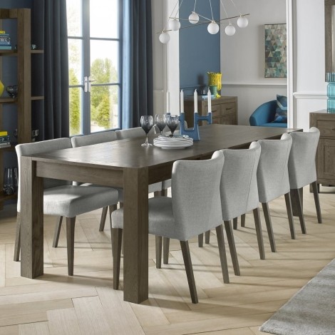 Turin - Dark Oak - Rectangular 6 to 10 Seater Extending Dining Table & 8 Low Back Upholstered Chairs in Pebble Grey Fabric