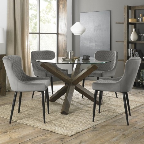 Turin Glass 4 Seater Table & 4 Cezanne Grey Velvet Chairs - Black Legs