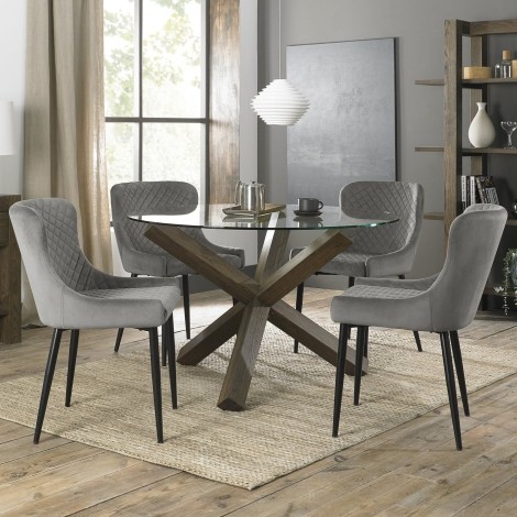 Turin - Dark Oak Legs - Round Glass 4 Seater Dining Table & 4 Cezanne Grey Velvet Chairs - Black Legs