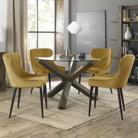 Turin - Dark Oak Legs - Round Glass 4 Seater Dining Table & 4 Cezanne Mustard Velvet Chairs - Black Legs