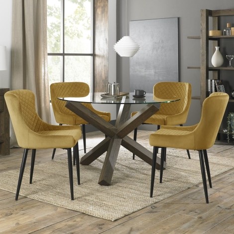 Turin Glass 4 Seater Table & 4 Cezanne Mustard Velvet Chairs - Black Legs