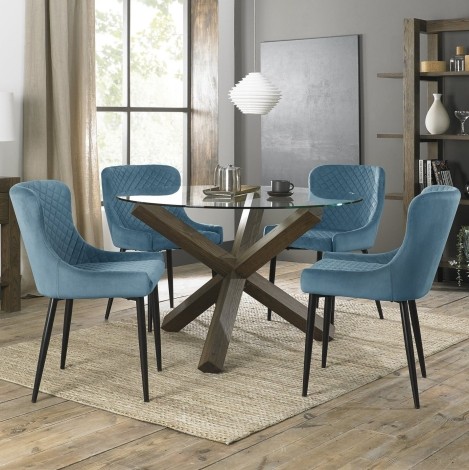 Turin - Dark Oak Legs - Round Glass 4 Seater Dining Table & 4 Cezanne Petrol Blue Velvet Chairs - Black Legs