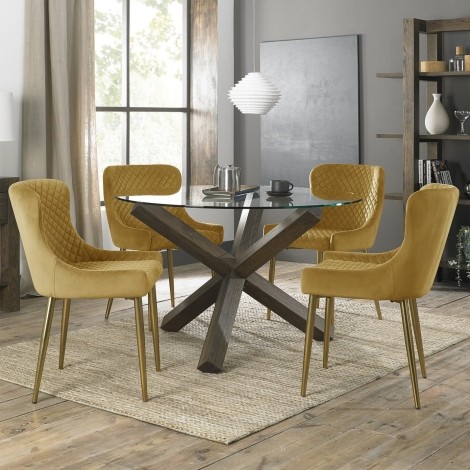 Turin - Dark Oak Legs - Round Glass 4 Seater Dining Table & 4 Cezanne Mustard Velvet Chairs - Gold Legs