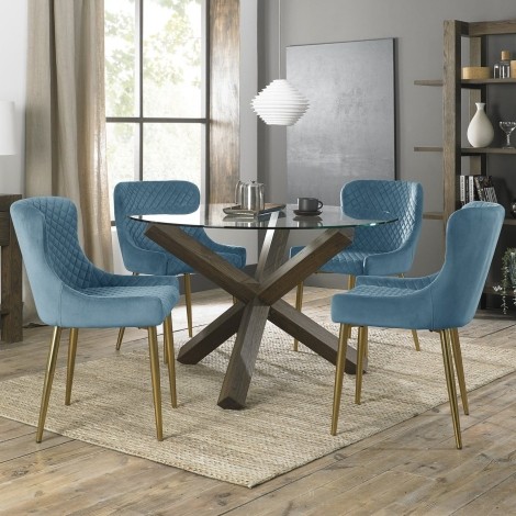 Turin - Dark Oak Legs - Round Glass 4 Seater Dining Table & 4 Cezanne Petrol Blue Velvet Chairs - Gold Legs