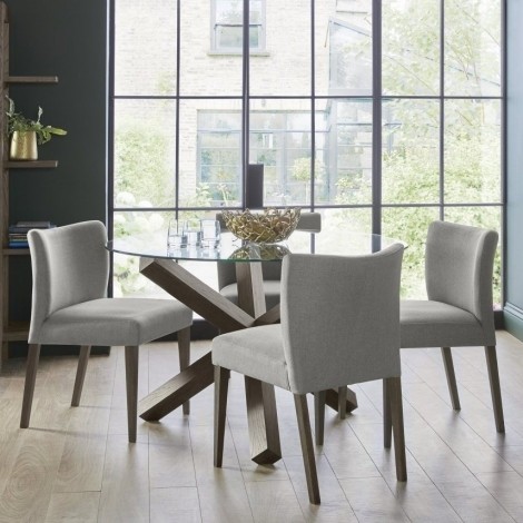 Turin - Dark Oak - Round Glass 4 Seater Dining Table & 4 Low Back Chairs in Grey Fabric