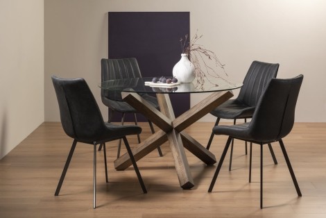 Turin - Dark Oak - Round Glass 4 Seater Dining Table & 4 Fontana Dark Grey Faux Suede Fabric Chairs