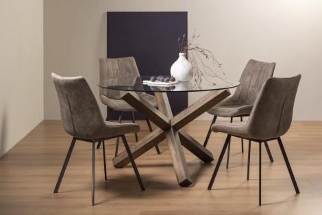 Turin - Dark Oak - Round Glass 4 Seater Dining Table & 4 Fontana Tan Faux Suede Fabric Chairs