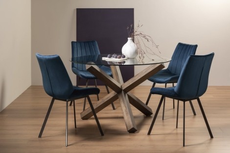 Turin Glass 4 Seater Table & 4 Fontana Blue Velvet Chairs