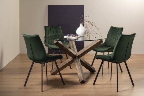 Turin - Dark Oak - Round Glass 4 Seater Dining Table & 4 Fontana Green Velvet Chairs