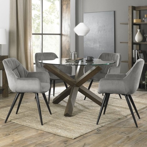 Turin - Dark Oak - Round Glass 4 Seater Dining Table & 4 Dali Grey Velvet Chairs