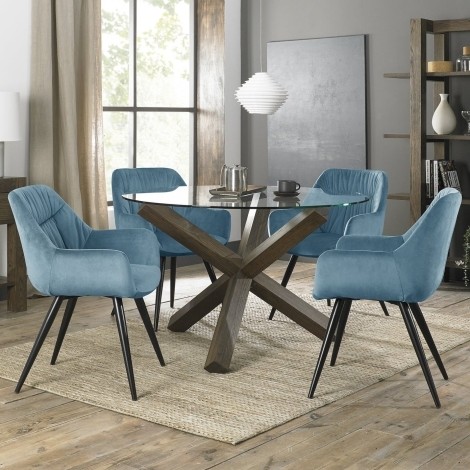 Turin - Dark Oak - Round Glass 4 Seater Dining Table & 4 Dali Petrol Blue Velvet Chairs