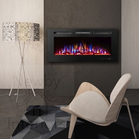 60" Black Media Wall Electric Fireplace Insert - 10 Colour LED Flames & WiFi