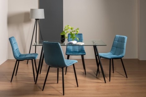 Martini - Glass Topped 6 Seater Dining Table & 4 Mondrian Petrol Blue Velvet Chairs
