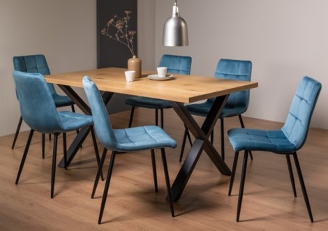 Ramsay - Oak Melamine 6 Seater Dining Table with X Leg & 6 Mondrian Petrol Blue Velvet Chairs
