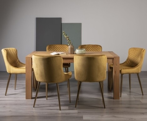Turin - Light Oak - 6 Seater Rectangular Dining Table & 6 Cezanne Mustard Velvet Chairs - Gold Legs