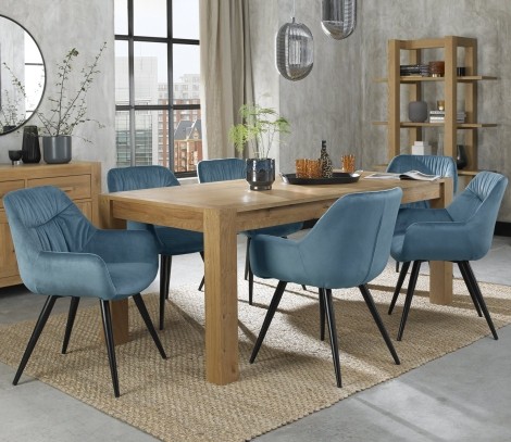 Turin Light Oak Large 6-8 Seater Table & 6 Dali Petrol Blue Velvet