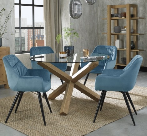 Turin - Light Oak Legs - Round Glass 4 Seater Dining Table & 4 Dali Petrol Blue Velvet Chairs