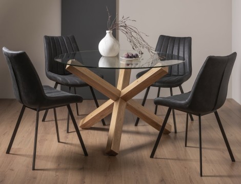 Turin - Light Oak Legs - Round Glass 4 Seater Dining Table & 4 Fontana Dark Grey Suede Fabric Chairs