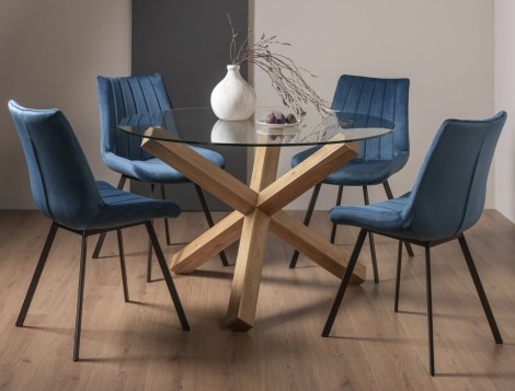 Turin - Light Oak Legs - Round Glass 4 Seater Dining Table & 4 Fontana Blue Velvet Chairs