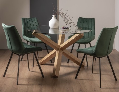 Turin - Light Oak Legs - Round Glass 4 Seater Dining Table & 4 Fontana Green Velvet Chairs