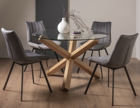 Turin - Light Oak Legs - Round Glass 4 Seater Dining Table & 4 Fontana Grey Velvet Chairs