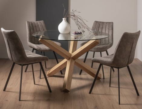 Turin - Light Oak Legs - Round Glass 4 Seater Dining Table & 4 Fontana Tan Faux Suede Fabric Chairs