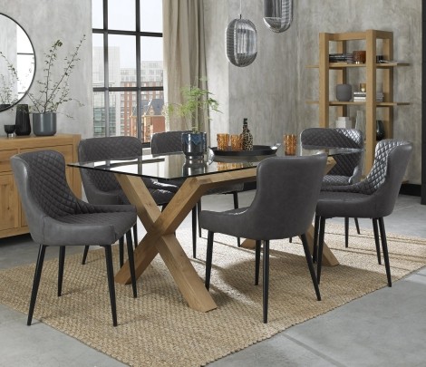 Turin - Light Oak Legs - Glass Top - 6 Seater Rectangular Dining Table & 6 Cezanne Dark Grey Faux Leather Chairs - Black Legs