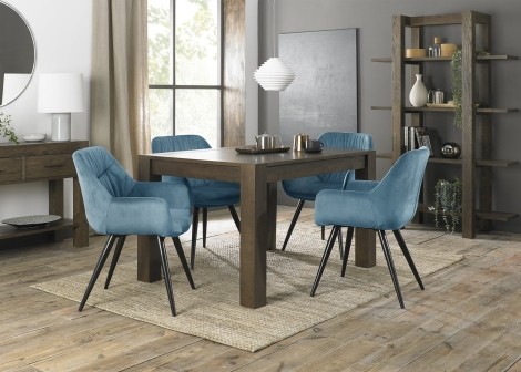 Turin - Dark Oak - Rectangular 4 to 6 Seater Extending Dining Table & 4 Dali Petrol Blue Velvet Chairs