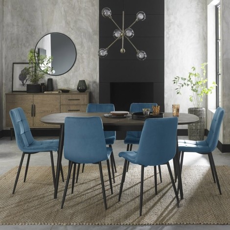 Vintage Weathered Oak 6-8 Seater Table & 6 Mondrian Petrol Blue Velvet Chairs
