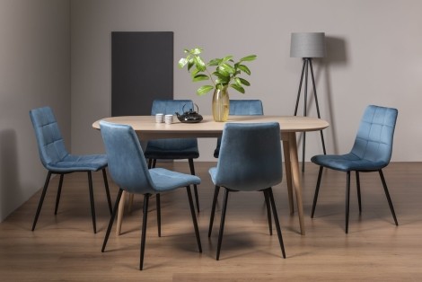 Dansk - Scandi Oak - 6 Seater Rectangle Dining Table & 6 Mondrian Petrol Blue Velvet Chairs