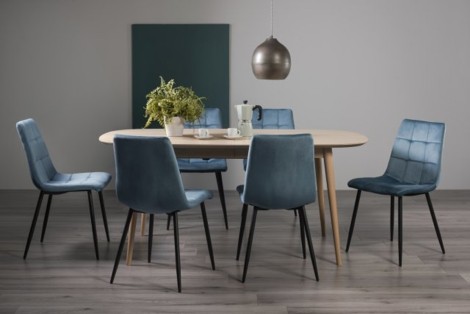 Dansk Scandi Oak 6-8 Seater Table & 6 Mondrian Petrol Blue Velvet Chairs
