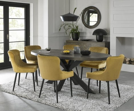 Ellipse Fumed Oak 6 Seater Table & 6 Cezanne Mustard Velvet Chairs - Black Legs