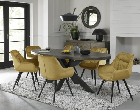 Ellipse Fumed Oak 6 Seater Table & 6 Dali Mustard Velvet Chairs - Black Legs