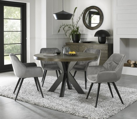 Ellipse Fumed Oak 4 Seater Table & 4 Dali Grey Velvet Chairs - Black Legs