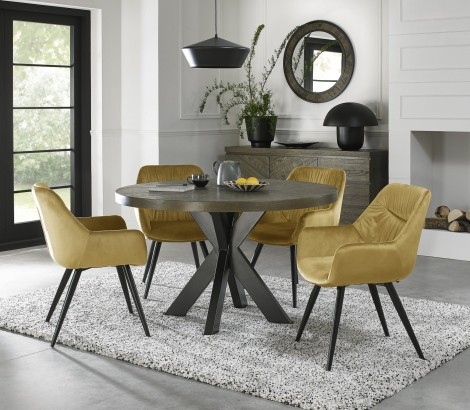 Ellipse Fumed Oak 4 Seater Table & 4 Dali Mustard Velvet Chairs - Black Legs