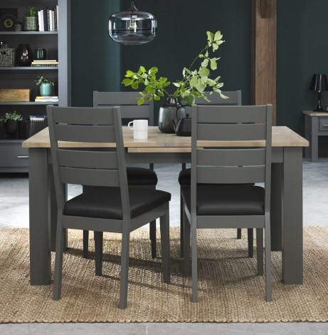 Oakham - Dark Grey & Scandi Oak - 4 to 6 Seater Extending Dining Table & 4 Dark Grey Chairs in Dark Grey Bonded Leather