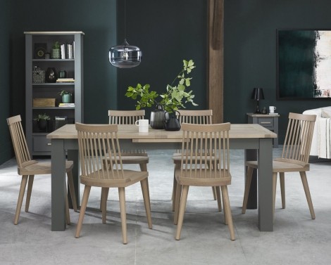 Oakham - Dark Grey & Scandi 6 to 8 Seater Extending Dining Table & 6 Ilva Spindle Chairs in Scandi Oak
