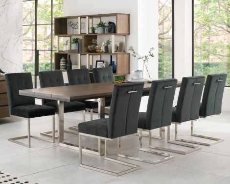 Tivoli Dark Oak 6-8 Seater Table & 8 Cantilever Chairs in Gun Metal Velvet