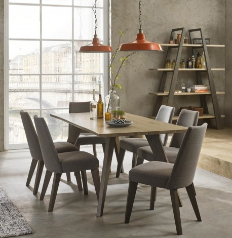 Cadell Aged & Weathered Oak 6 Seater Table & 6 Chairs in Smoke Grey Fabric