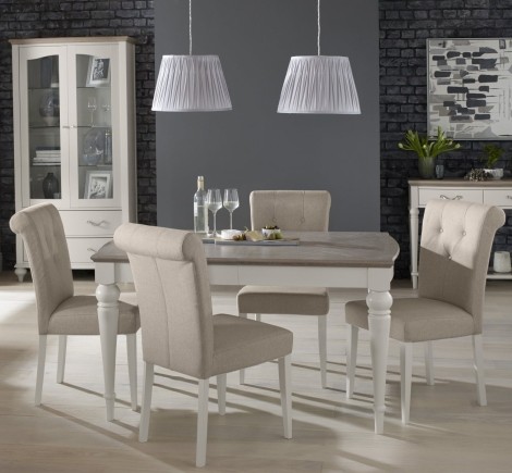 Montreux Grey Washed Oak & Soft Grey - 4 to 6 Seater Extending Dining Table & 4 Upholstered Chairs in Pebble Grey Fabric