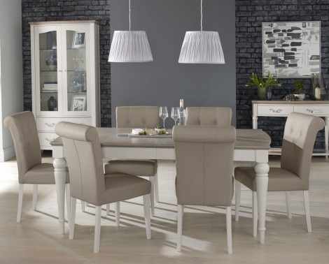 Montreux Grey Washed Oak & Soft Grey - 6 to 8 Seater Extending Dining Table & 6 Upholstered Chairs in Grey Bonded Leather