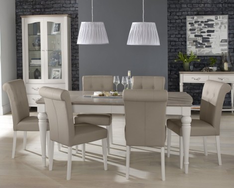 Montreux Grey Washed Oak & Soft Grey 6-8 Seater Table & 6 Upholstered Chairs in Grey Bonded Leather