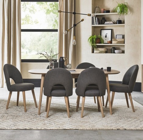 Dansk - Scandi Oak - 6 to 8 Seater Rectangle Extending Dining Table & 6 Upholstered Chairs in Cold Steel Fabric 