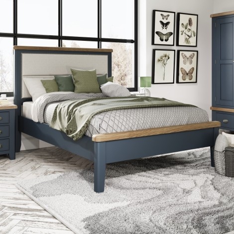 Ellie Blue Painted & Oak - 5' King Low Foot End Bed with Fabric Headboard