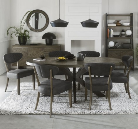 Ellipse Fumed Oak 6 Seater Table & 6 Ellipse Upholstered Chairs in Dark Grey Fabric