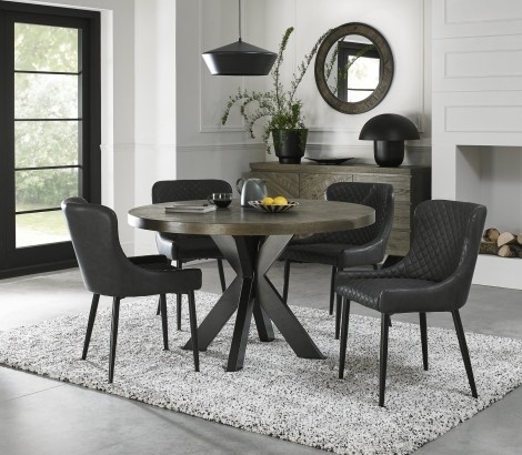 Ellipse Fumed Oak 4 Seater Table & 4 Cezanne Dark Grey Faux Leather Chairs - Black Legs