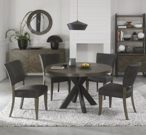 Ellipse Fumed Oak 4 Seater Table & 4 Logan Upholstered Chairs in Dark Grey Fabric