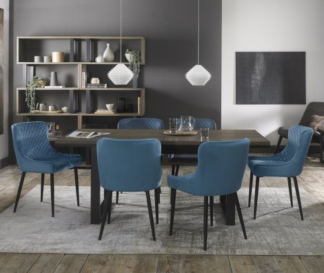 Tivoli Weathered Oak 6-8 Seater Table & 6 Cezanne Petrol Blue Velvet Chairs - Black Legs