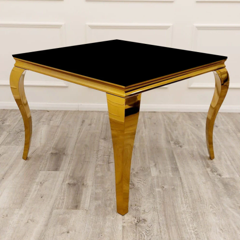 Louis - Black - 100cm/1m - Square Dining Table - Glass Top - Gold Legs